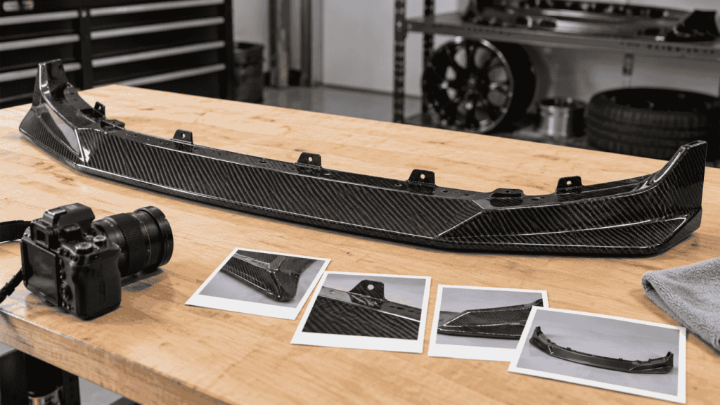 Illustration: Carbon front lip beside a camera and product reference photographs.