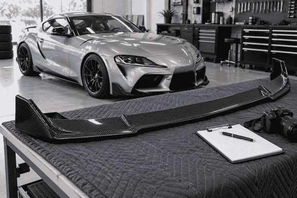 Concept of a carbon front lip on a padded bench beside a parked sports car.