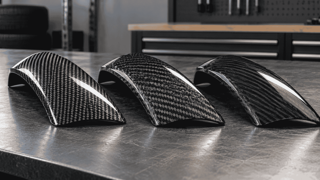 Illustration: Carbon samples with different visible weave directions under studio lighting.