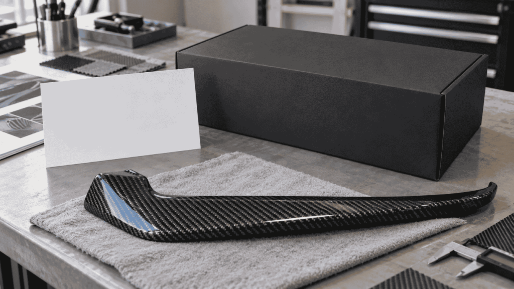 Illustration: Carbon trim sample beside an unbranded box and artwork proof card.