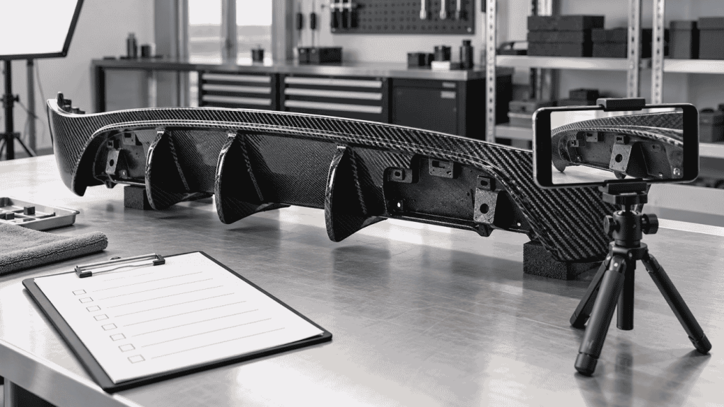 Illustration: Carbon diffuser beside a phone on a tripod and an inspection checklist.