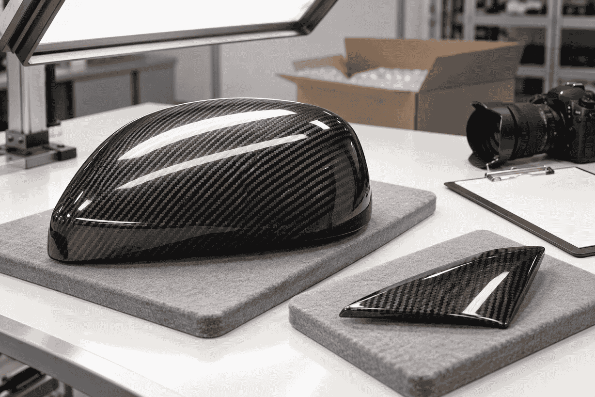 Concept of carbon fiber samples under inspection lighting beside a camera and blank checklist.